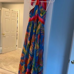 Farm Rio Painted  Birds Maxi Dress Scarf Blue